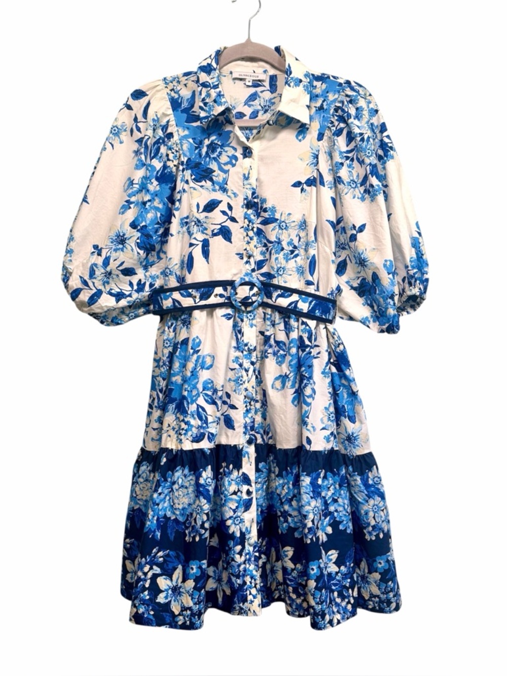 Olivaceous blue and white floral button up belted puff sleeve dress, size Medium - Picture 2 of 10